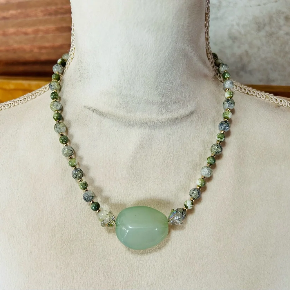 Handcrafted green tone art glass bead necklace